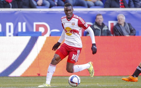 Mar 22, 2015; Harrison, NJ, USA;  New York Red Bulls midfielder Lloyd Sam (10) handles the ball during the first half against the D.C. United at Red Bull Arena. Mandatory Credit: Jim O'Connor-USA TODAY Sports