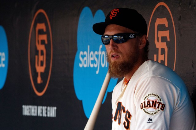 SAN FRANCISCO, CA - AUGUST 21: Hunter Pence #8 of the San Francisco Giants sits in the dugout before the game against the New York Mets at AT&T Park on August 21, 2016 in San Francisco, California.  The New York Mets defeated the San Francisco Giants 2-0. (Photo by Jason O. Watson/Getty Images)