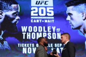 NEW YORK, NY - SEPTEMBER 27: Tyron Woodley and Stephen Thompson face off during the UFC 205 press conference at The Theater at Madison Square Garden on September 27, 2016 in New York City. (Photo by Michael Reaves/Getty Images)