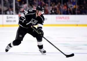 LOS ANGELES, CA - SEPTEMBER 28: Adrian Kempe #39 of the Los Angeles Kings skates in during a preseason game against the Anaheim Ducks at Staples Center on September 28, 2016 in Los Angeles, California. (Photo by Harry How/Getty Images)