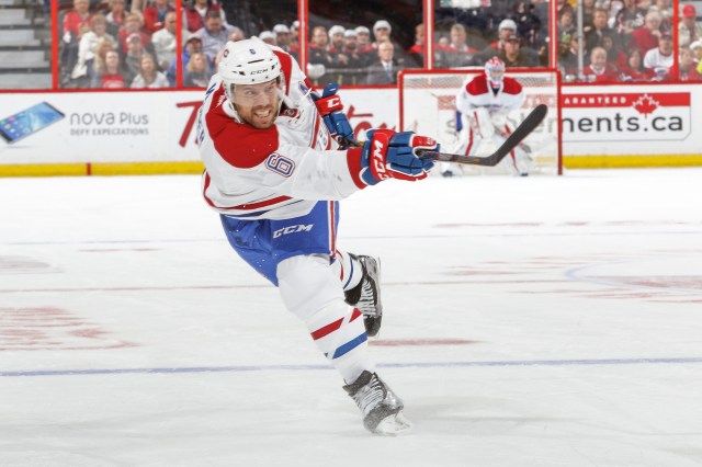 OTTAWA, CANADA - OCTOBER 15: Shea Weber #6 of the Montreal Canadiens fires a slapshot during an NHL game at Canadian Tire Centre on October 15, 2016 in Ottawa, Ontario, Canada. (Photo by Francois Laplante/Freestyle Photography/Getty Images)