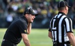 EUGENE, OR - OCTOBER 29: Head coach Mark Helfrich has some words with linesman Rod Ammari during the first quarter of the game against the Arizona State Sun Devils at Autzen Stadium on October 29, 2016 in Eugene, Oregon. (Photo by Steve Dykes/Getty Images)
