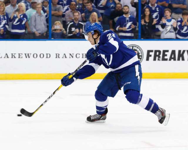 TAMPA, FL - OCTOBER 18: Brayden Point #21 of the Tampa Bay Lightning shoots the puck for the game winning shootout goal against the Florida Panthers at Amalie Arena on October 18, 2016 in Tampa, Florida. (Photo by Scott Audette/NHLI via Getty Images)