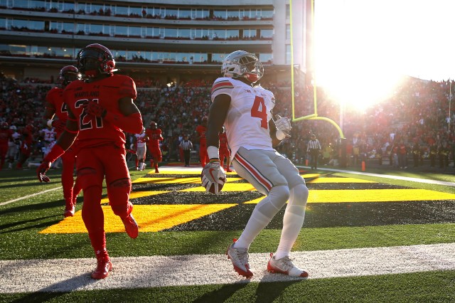 COLLEGE PARK, MD - NOVEMBER 12: Running back Curtis Samuel #4 of the Ohio State Buckeyes scores a touchdown against the Maryland Terrapins in the first quarter at Capital One Field at Maryland Stadium on November 12, 2016 in College Park, Maryland. (Photo by Patrick Smith/Getty Images)