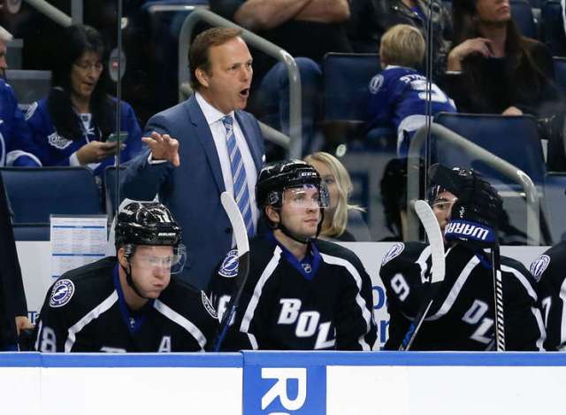 TAMPA, FL - NOVEMBER 25: Head Coach Jon Cooper of the Tampa Bay Lightning directs his team from the bench during the third period against the Columbus Blue Jackets at Amalie Arena on November 25, 2016 in Tampa, Florida. (Photo by Mark LoMoglio/NHLI via Getty Images)