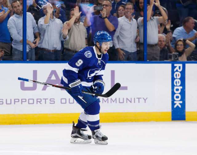 TAMPA, FL - NOVEMBER 3: Tyler Johnson #9 of the Tampa Bay Lightning celebrates his goal against the Boston Bruins during the third period at Amalie Arena on November 3, 2016 in Tampa, Florida. (Photo by Scott Audette/NHLI via Getty Images)