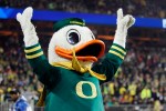 SANTA CLARA, CA - DECEMBER 5: The Oregon Ducks mascot encourages fans against the Arizona Wildcats on December 5, 2014 during the Pac-12 Championship at Levi's Stadium in Santa Clara, California. Oregon won 51-13. (Photo by Brian Bahr/Getty Images)