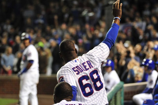 CHICAGO, IL - APRIL 13: Jorge Soler #68 of the Chicago Cubs waves to the fans after hitting a two-run homer against the Cincinnati Reds during the eighth inning on April 13, 2015 at Wrigley Field in Chicago, Illinois. (Photo by David Banks/Getty Images)