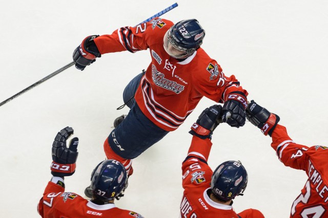 QUEBEC CITY, QC - MAY 31: Anthony Cirelli #22 of the Oshawa Generals celebrates his goal with teammates during the 2015 Memorial Cup Championship against the Kelowna Rockets at the Pepsi Coliseum on May 31, 2015 in Quebec City, Quebec, Canada. (Photo by Minas Panagiotakis/Getty Images)