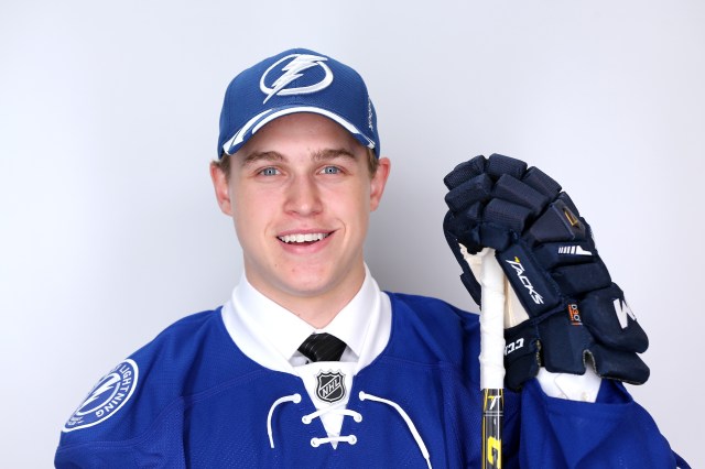 SUNRISE, FL - JUNE 27: Mitchell Stephens poses after being selected 33rd overall by the Tampa Bay Lightning during the 2015 NHL Draft at BB&T Center on June 27, 2015 in Sunrise, Florida. (Photo by Mike Ehrmann/Getty Images)