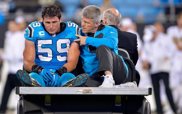 CHARLOTTE, NC - NOVEMBER 17: Luke Kuechly #59 of the Carolina Panthers is carried off the field after an injury against the New Orleans Saints in the fourth quarter during the game at Bank of America Stadium on November 17, 2016 in Charlotte, North Carolina. (Photo by Grant Halverson/Getty Images)