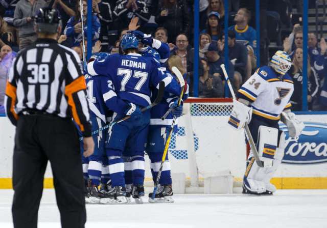 TAMPA, FL - DECEMBER 22: The Tampa Bay Lightning celebrate a goal by <a rel=