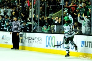 Brock Boeser scores against BSU (Photo Credit: Russell Hons UNDSports.com)