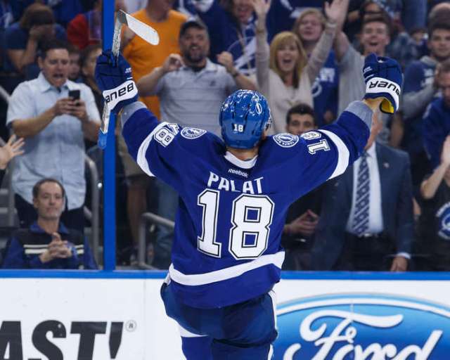 TAMPA, FL - DECEMBER 28: Ondrej Palat #18 of the Tampa Bay Lightning celebrates his game tying goal against the Montreal Canadiens during third period at Amalie Arena on December 28, 2016 in Tampa, Florida. (Photo by Scott Audette/NHLI via Getty Images)