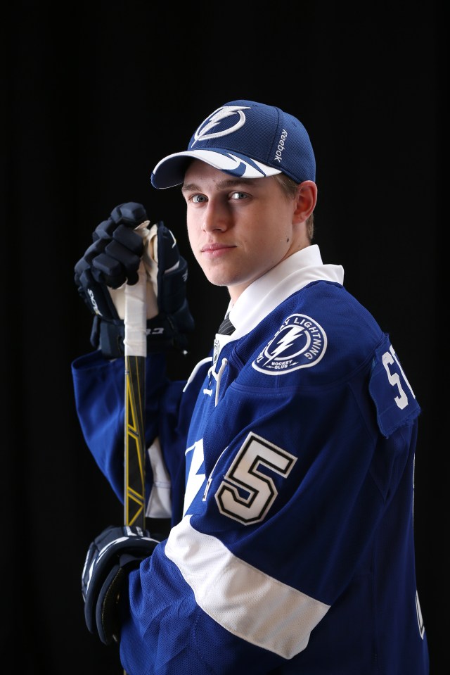 SUNRISE, FL - JUNE 27: Mitchell Stephens poses after being selected 33rd overall by the Tampa Bay Lightning during the 2015 NHL Draft at BB&T Center on June 27, 2015 in Sunrise, Florida. (Photo by Mike Ehrmann/Getty Images)