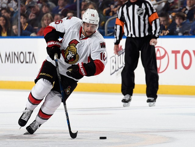 BUFFALO, NY - OCTOBER 8: Clarke MacArthur #16 of the Ottawa Senators skates with the puck during the game against the Buffalo Sabres at the First Niagara Center on October 8, 2015 in Buffalo, New York. (Photo by Tom Brenner/ Getty Images)