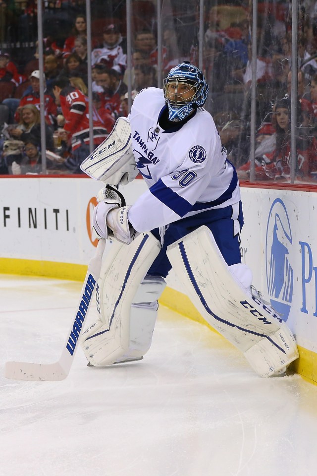 NEWARK, NEW JERSEY - APRIL 07: Ben Bishop #30 of the Tampa Bay Lightning skates against the New Jersey Devils at Prudential Center on April 7, 2016 in Newark, New Jersey. Tampa Bay Lightning defeated the New Jersey Devils 4-2. (Photo by Mike Stobe/Getty Images)