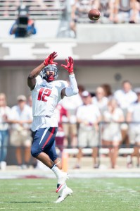 STARKVILLE, MS - SEPTEMBER 3: Tight end Gerald Everett #12 of the South Alabama Jaguars looks to catch a pass during their game against the Mississippi State Bulldogs at Davis Wade Stadium on September 3, 2016 in Starkville, Mississippi. (Photo by Michael Chang/Getty Images)