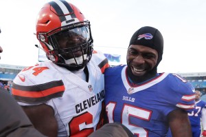 ORCHARD PARK, NY - DECEMBER 18: Jonathan Cooper #64 of the Cleveland Browns laughs with Brandon Tate #15 of the Buffalo Bills after the game at New Era Field on December 18, 2016 in Orchard Park, New York. (Photo by Brett Carlsen/Getty Images)