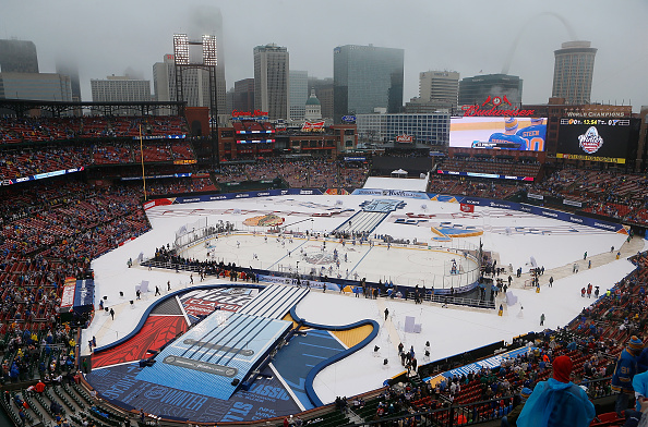 ST. LOUIS, MO - JANUARY 2: A general view of as players warmup prior to the start of the 2017 Bridgestone NHL Winter Classic between the St. Louis Blues and the Chicago Blackhawks at Busch Stadium on January 2, 2017 in St. Louis, Missouri. (Photo by Scott Kane/Getty Images)