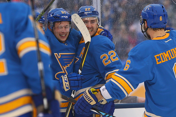 ST. LOUIS, MO - JANUARY 2: Vladimir Tarasenko #91 of the St. Louis Blues celebrates after scoring a goal against the Chicago Blackhawks during the 2017 Bridgestone NHL Winter Classic at Busch Stadium on January 2, 2017 in St. Louis, Missouri. (Photo by Dilip Vishwanat/Getty Images)