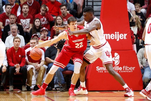 BLOOMINGTON, IN - JANUARY 03: Thomas Bryant #31 of the Indiana Hoosiers defends against Ethan Happ #22 of the Wisconsin Badgers in the first half of the game at Assembly Hall on January 3, 2017 in Bloomington, Indiana. (Photo by Joe Robbins/Getty Images)