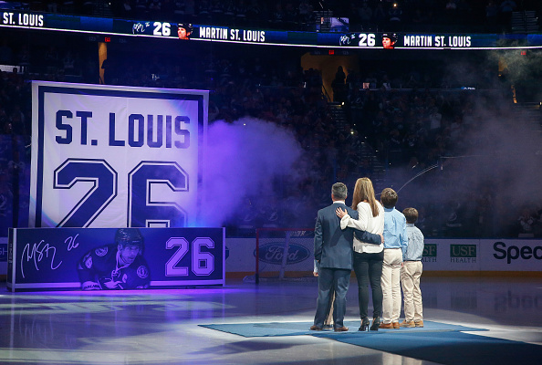 TAMPA, FL - JANUARY 13: Former Tampa Bay Lightning Martin St. Louis watches a banner raise during a ceremony to retire his number 26 at the Amalie Arena on January 13, 2017 in Tampa, Florida. (Photo by Mike Carlson/Getty Images)