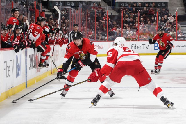 OTTAWA, ON - DECEMBER 29: Bobby Ryan #9 of the Ottawa Senators skates with the puck against Danny DeKeyser #65 of the Detroit Red Wings at Canadian Tire Centre on December 29, 2016 in Ottawa, Ontario, Canada. (Photo by Jana Chytilova/Freestyle Photography/Getty Images) *** Local Caption ***