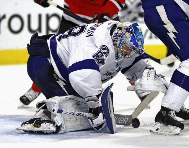 CHICAGO, IL - JANUARY 24: Andrei Vasilevskiy #88 of the Tampa Bay Lightning makes a save against the Chicago Blackhawks at the United Center on January 24, 2017 in Chicago, Illinois. The Lightning defeated the Blackhawks 5-2. (Photo by Jonathan Daniel/Getty Images)