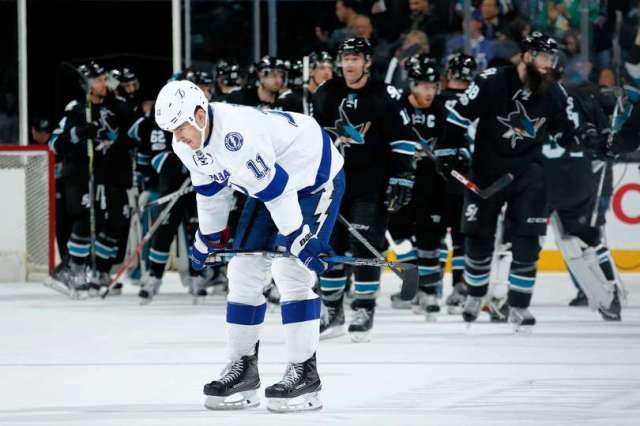 SAN JOSE, CA - JANUARY 19: Brian Boyle #11 of the Tampa Bay Lightning reacts as the San Jose Sharks celebrate their win after a NHL game at SAP Center at San Jose on January 19, 2017 in San Jose, California. The Sharks defeated the Lightning 2-1. (Photo by <a rel=