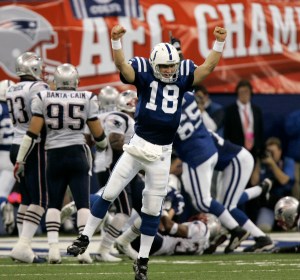 ** FOR USE WITH YEAR END AS DESIRED--FILE ** Indianapolis Colts quarterback Peyton Manning (18) celebrates running back Joseph Addai's three-yard touchdown run in the fourth quarter of the AFC Championship football game against the New England Patriots in this Jan. 21, 2007, file photo in Indianapolis. (AP Photo/Amy Sancetta, file)
