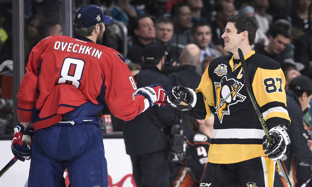 Jan 28, 2017; Los Angeles, CA, USA; Washington Capitals forward Alex Ovechkin (8) greets Pittsburgh Penguins forward Sidney Crosby (87) during the skills challenge relay during the 2017 NHL All Star Game skills competition at Staples Center. Mandatory Credit: Kelvin Kuo-USA TODAY Sports ORG XMIT: USATSI-353852 ORIG FILE ID:  20170128_jel_ak6_042.jpg