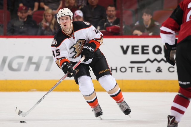 GLENDALE, AZ - OCTOBER 01: Sami Vatanen #45 of the Anaheim Ducks skates with the puck during the preseason NHL game against Arizona Coyotes at Gila River Arena on October 1, 2016 in Glendale, Arizona. The Coyotes defeated the Ducks 3-2 in overtime. (Photo by Christian Petersen/Getty Images)