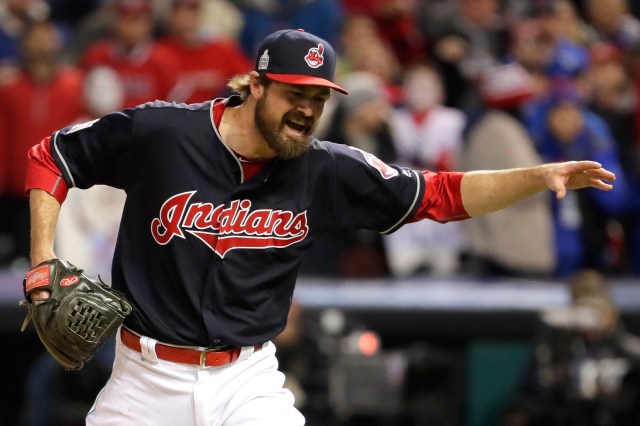 CLEVELAND, OH - OCTOBER 25: Andrew Miller #24 of the Cleveland Indians reacts after retiring the side with the bases loaded by striking out David Ross #3 of the Chicago Cubs (not pictured) during the seventh inning against the Chicago Cubs in Game One of the 2016 World Series at Progressive Field on October 25, 2016 in Cleveland, Ohio. (Photo by Jamie Squire/Getty Images)