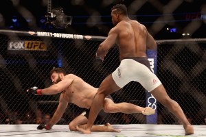 DENVER, CO - JANUARY 28: Francis Ngannou (white trunks) of Cameroon knocks down Andrei Arlovski of Belarus (black trunks) in the first round of the Heavyweight division during the UFC Fight Night at the Pepsi Center on January 28, 2017 in Denver, Colorado. (Photo by Matthew Stockman/Getty Images)