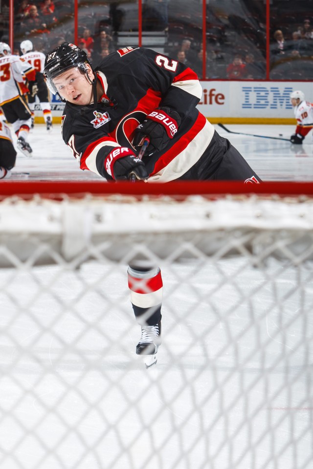 OTTAWA, CANADA - JANUARY 26: Curtis Lazar #27 of the Ottawa Senators shoots the puck to the net during warmup prior to a game against the Calgary Flames at Canadian Tire Centre on January 26, 2017 in Ottawa, Ontario, Canada. (Photo by Francois Laplante/Freestyle Photography/Getty Images)