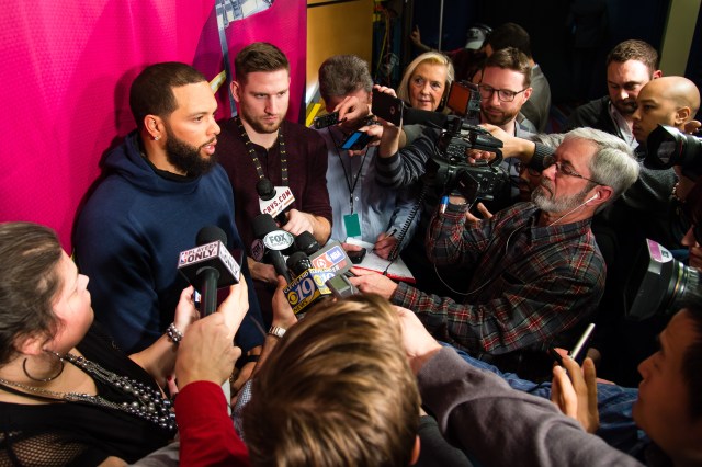 CLEVELAND, OH - FEBRUARY 27: The newest member of the Cleveland Cavaliers Deron Williams talks to the media prior to the game against the Milwaukee Bucks at Quicken Loans Arena on February 27, 2017 in Cleveland, Ohio. NOTE TO USER: User expressly acknowledges and agrees that, by downloading and/or using this photograph, user is consenting to the terms and conditions of the Getty Images License Agreement. (Photo by Jason Miller/Getty Images)