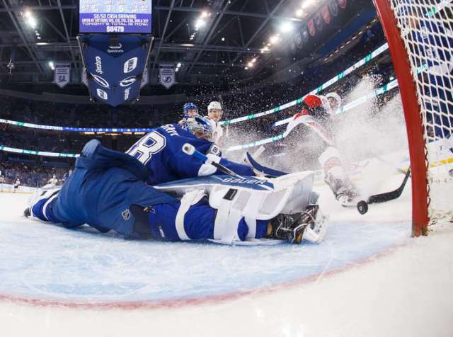 TAMPA, FL - FEBRUARY 27: Goalie Andrei Vasilevskiy #88 of the Tampa Bay Lightning makes a save against the Ottawa Senators during the first period at Amalie Arena on February 27, 2017 in Tampa, Florida. (Photo by Scott Audette/NHLI via Getty Images)