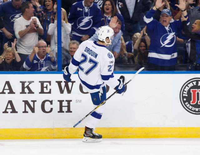 TAMPA, FL - FEBRUARY 7: Jonathan Drouin #27 of the Tampa Bay Lightning celebrates his goal against the Los Angeles Kings during the first period at Amalie Arena on February 7, 2017 in Tampa, Florida. (Photo by Scott Audette/NHLI via Getty Images)