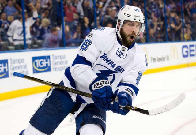 AMPA, FL - FEBRUARY 7: Nikita Kucherov #86 of the Tampa Bay Lightning celebrates his goal against the Los Angeles Kings during the second period at Amalie Arena on February 7, 2017 in Tampa, Florida. (Photo by Mark LoMoglio/NHLI via Getty Images)