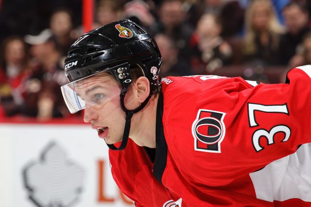 OTTAWA, ON - DECEMBER 29: Casey Bailey #37 of the Ottawa Senators prepares for a faceoff against the Detroit Red Wings at Canadian Tire Centre on December 29, 2016 in Ottawa, Ontario, Canada. (Photo by Jana Chytilova/Freestyle Photography/Getty Images) *** Local Caption ***