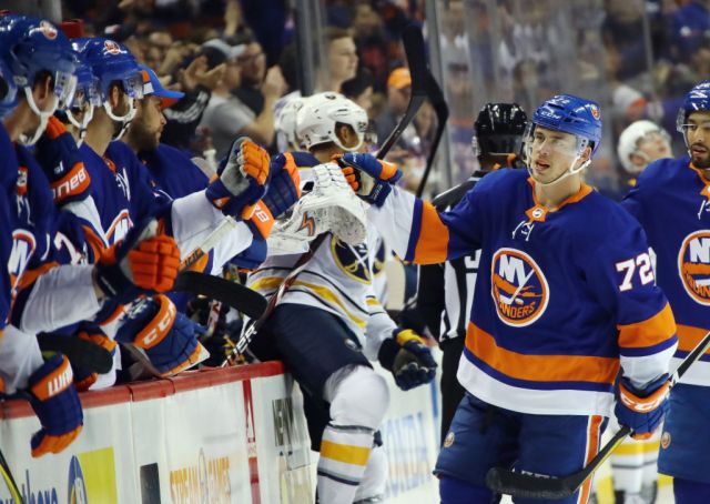 NEW YORK, NY - OCTOBER 07: Anthony Beauvillier #72 of the New York Islanders celebrates his goal at 5:39 of the third period against the Buffalo Sabres at the Barclays Center on October 7, 2017 in the Brooklyn borough of New York City.  (Photo by Bruce Bennett/Getty Images)
