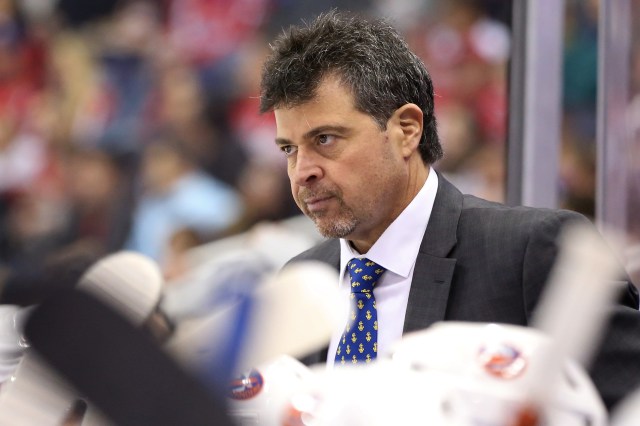 Dec 1, 2016; Washington, DC, USA; New York Islanders head coach Jack Capuano looks on from behind the bench against the Washington Capitals in the second period at Verizon Center. The Islanders won 3-0. Mandatory Credit: Geoff Burke-USA TODAY Sports