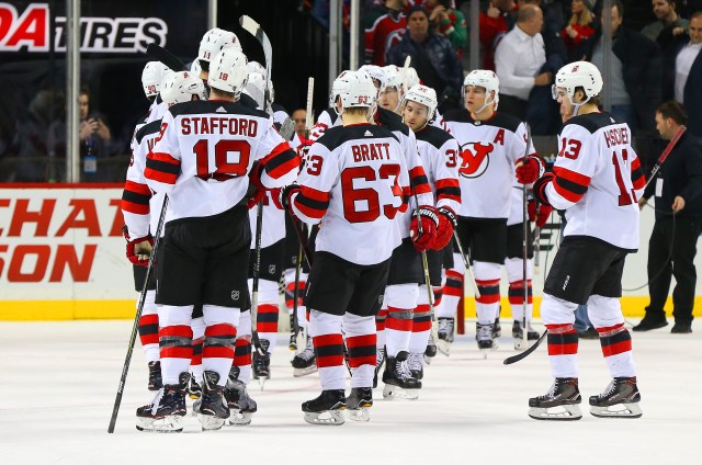 Jan 16, 2018; Brooklyn, NY, USA; The New Jersey Devils celebrate after defeating the New York Islanders 4-1 at Barclays Center. Mandatory Credit: Andy Marlin-USA TODAY Sports