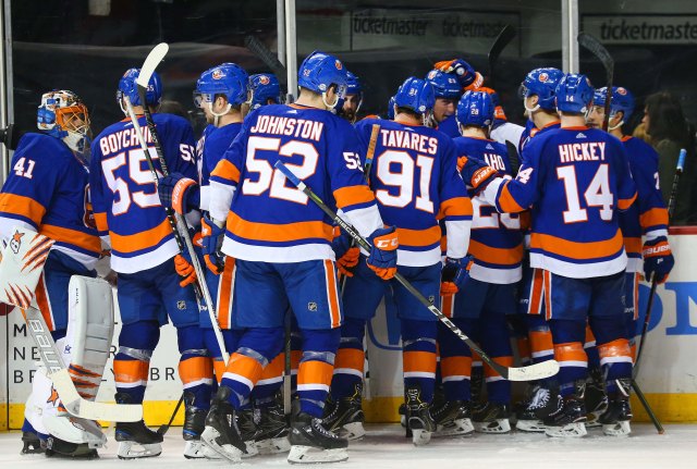 Feb 9, 2018; Brooklyn, NY, USA; The New York Islanders celebrate after defeating the Detroit Red Wings at Barclays Center. Mandatory Credit: Andy Marlin-USA TODAY Sports
