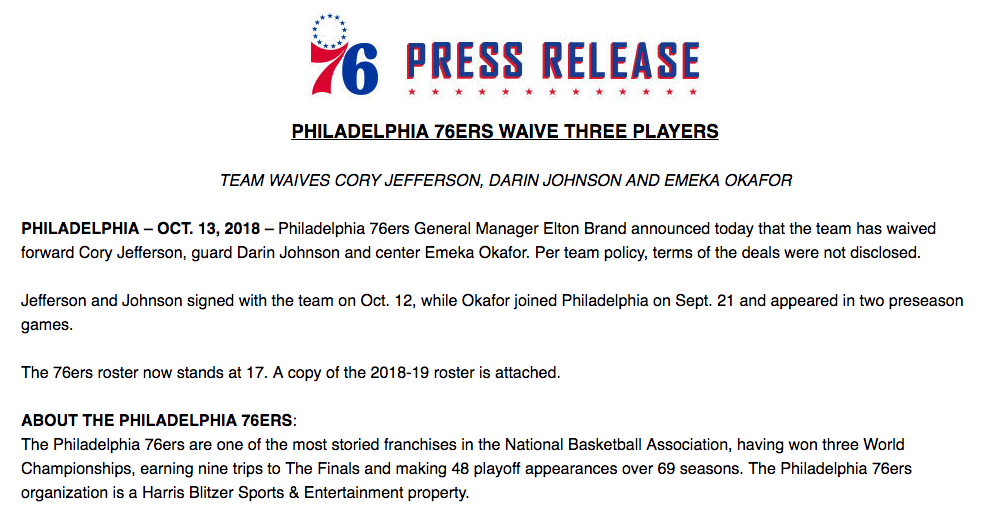 Sixers Waive Emeka Okafor Two Others As Team Finalizes Roster