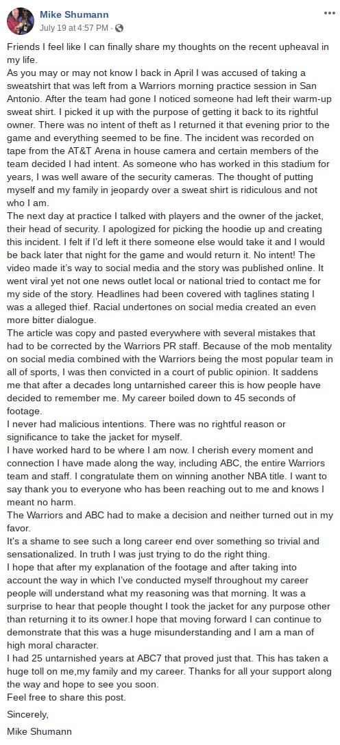 Mike Shumann explains why he took jacket from Warriors practice