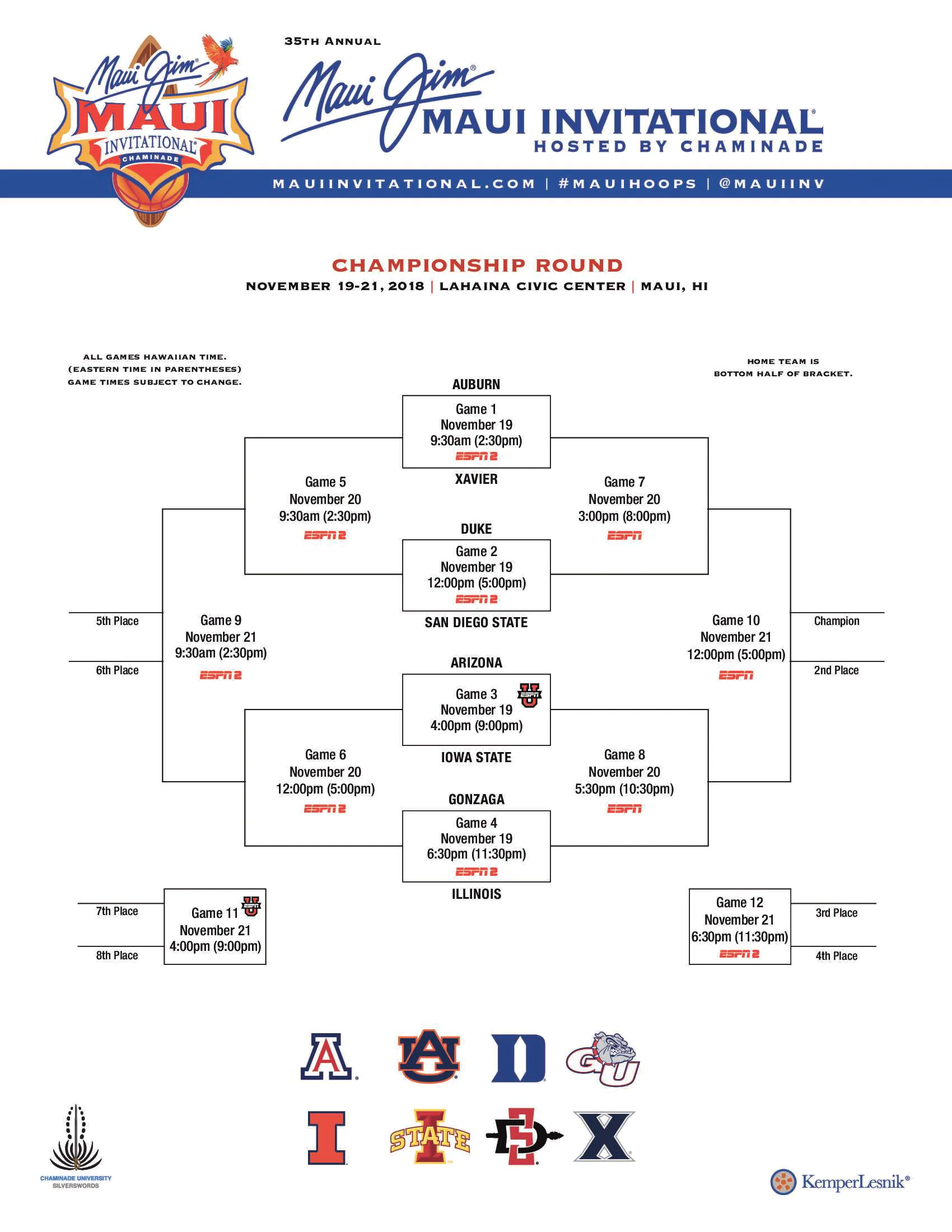 2018 Maui Invitational tournament schedule