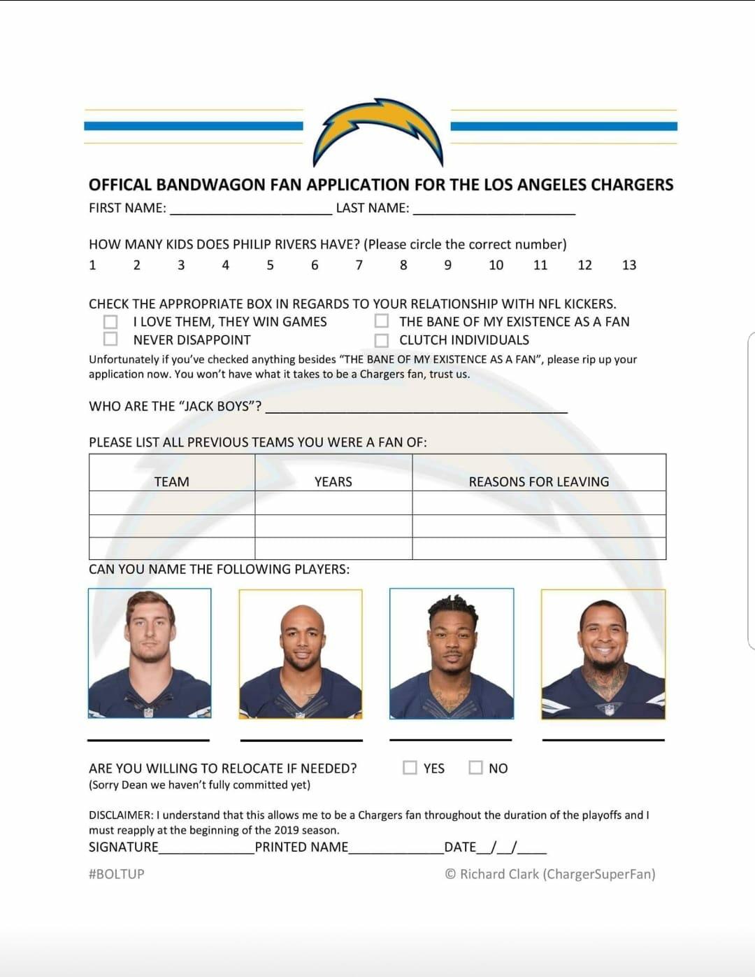 Have you filled out your Los Angeles Chargers' bandwagon application?