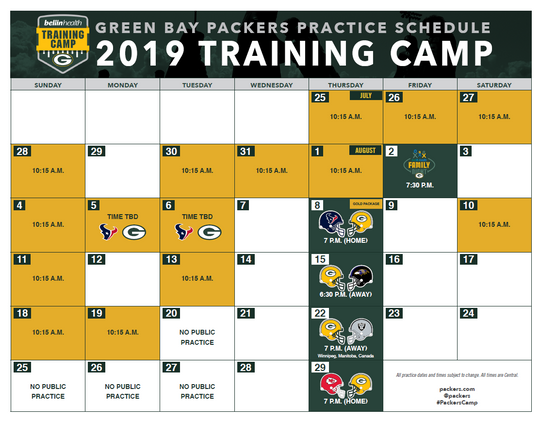 Green Bay Packers announce Training Camp schedule, preseason events